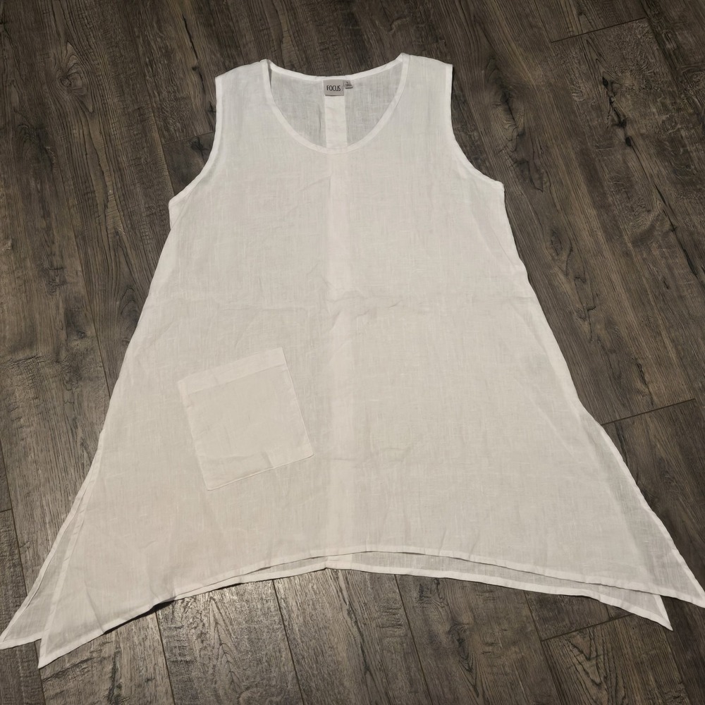 FOCUS 100% Linen White Sleeveless Pocket Tank Tunic Smock Shell Buttons Sz S